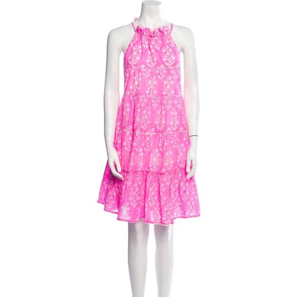 Juliet Dunn Pink Floral Sleeveless Halter Ruffle Tiered Swing Mini Sun Dress 2 - Picture 2 of 10